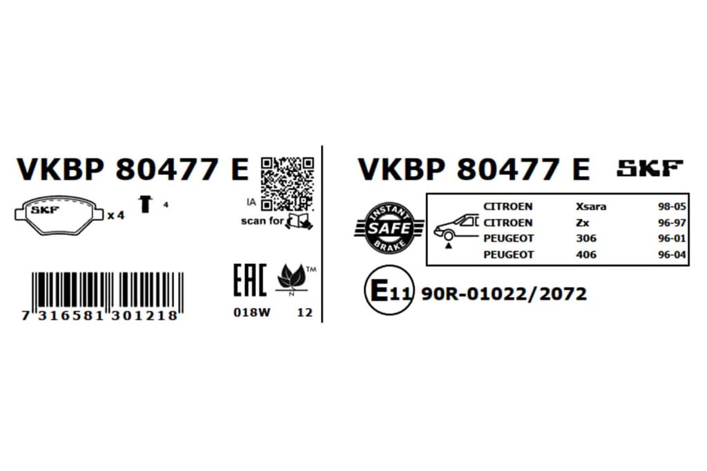 Jogo de 4 pastilhas de travão SKF VKBP 80477 E